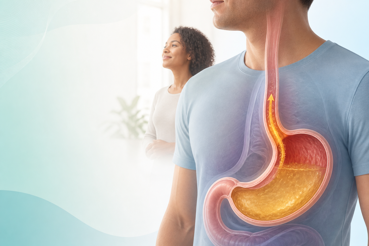 Illustration of acid reflux showing stomach acid moving up the esophagus, with a patient in the background, representing GERD and heartburn