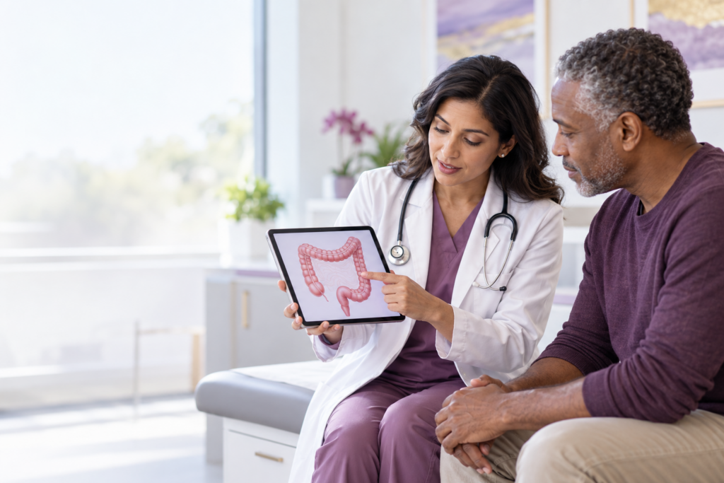 Gastroenterologist discussing colorectal cancer screening with an adult patient using a colon illustration